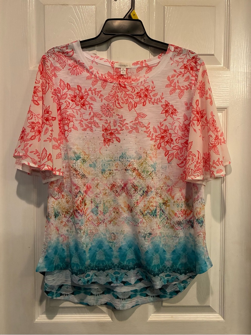 Colorful Embellished Floral Flutter Sleeve Women's Top